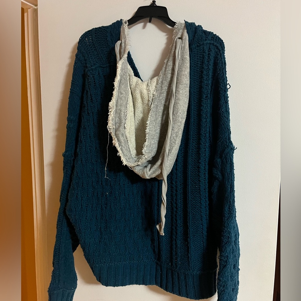 Free People Teal Knit Hooded Sweater